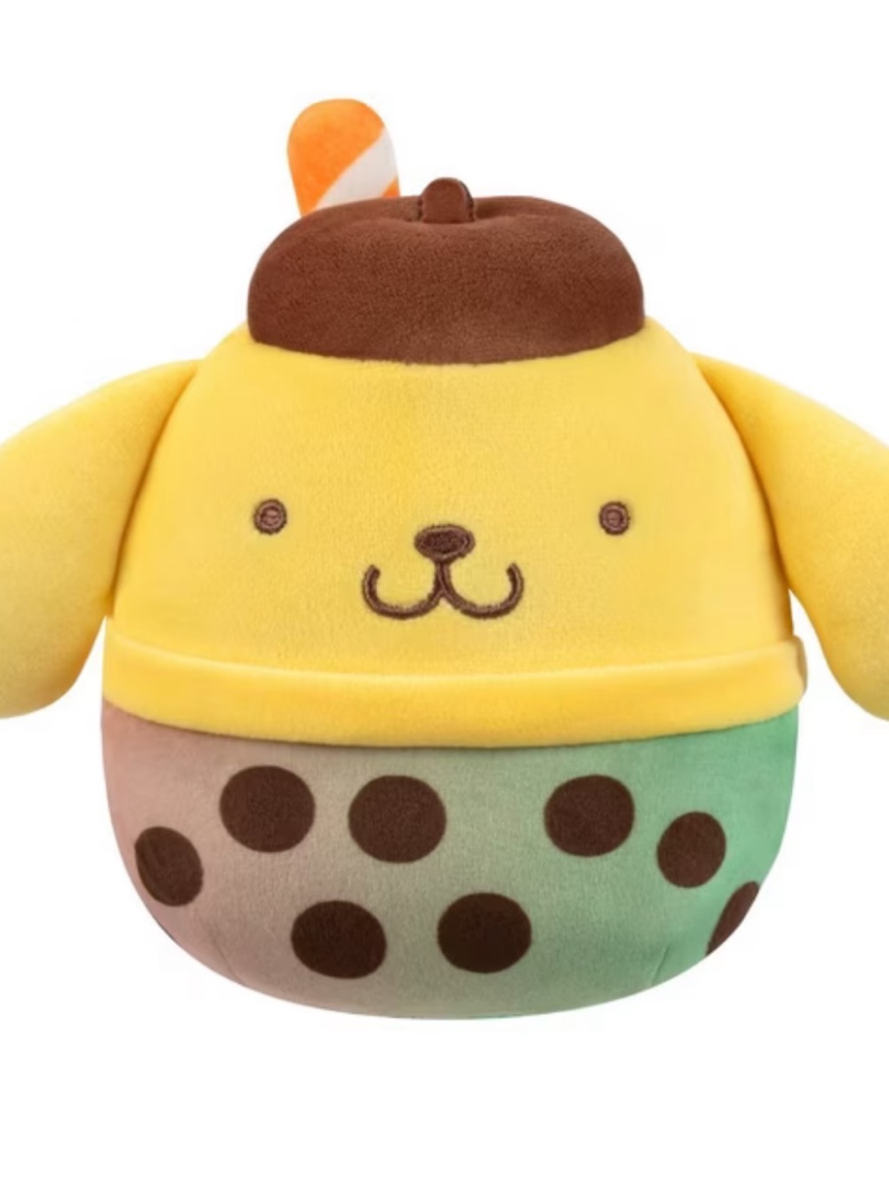 Pompompurin Bubble Tea Sanrio Squishmallow Plush with macha Boba Details